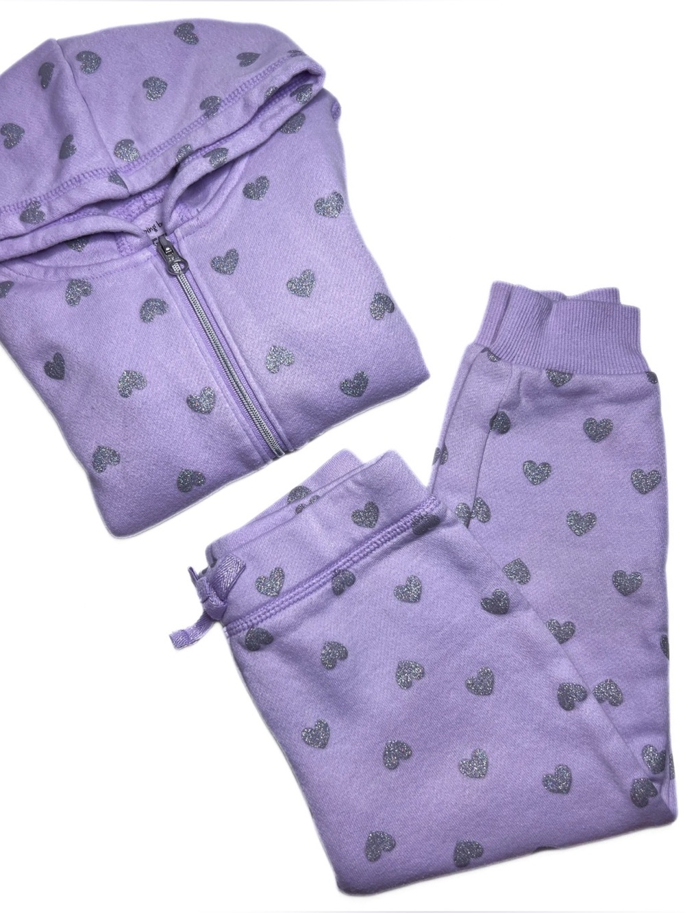 Jumping Beans Lavender Glitter Heart Fleece Hoodie Jogger Set 24M Girls Outfit